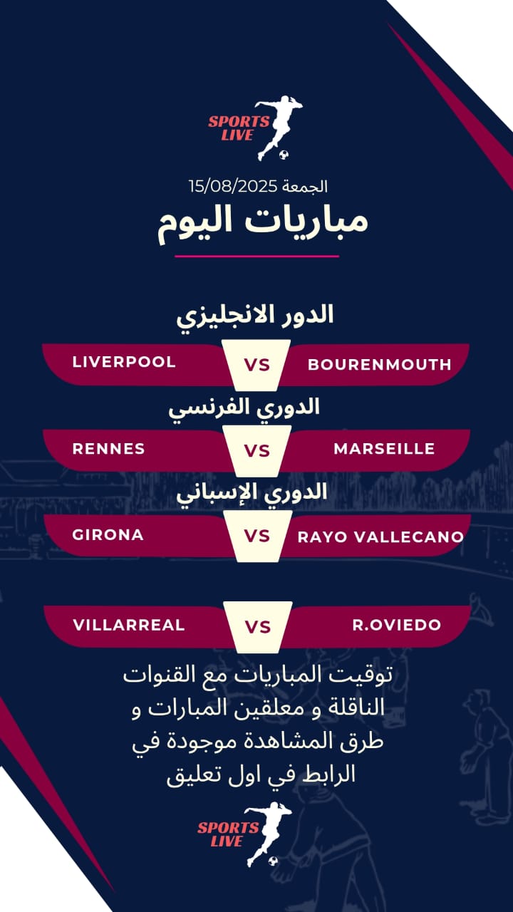 مباريات اليوم الجمعة 15 أغسطس 2025 في الدوريات الخمسة الكبرى: انطلاقة الموسم الجديد